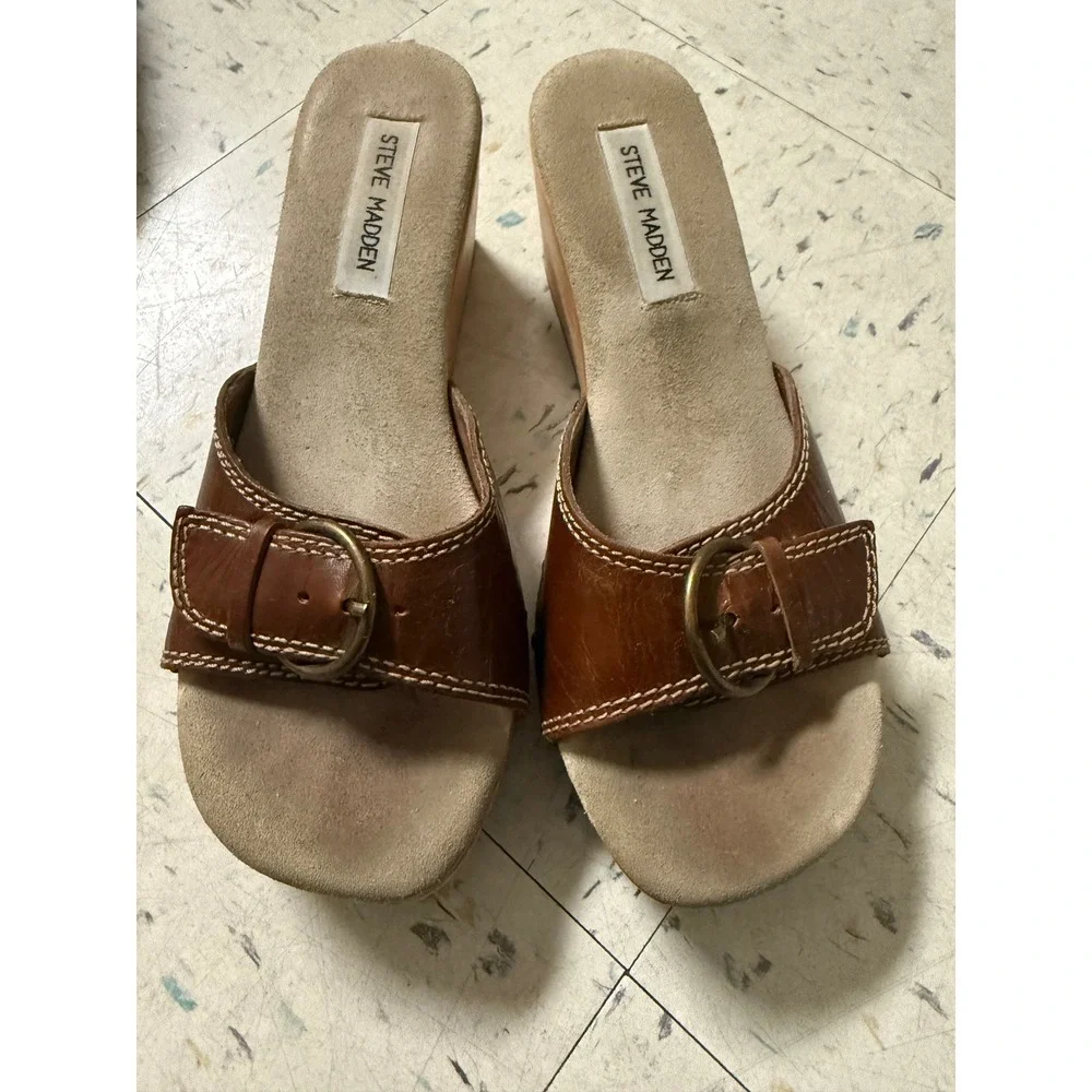 Steve Madden Brown Leather Wood Wedge Sandals Buckle Y2K Size 8 Festival Boho